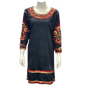 CCC Embroidered Tunic Dress Floral Stripe Detailing Long Sleeve Round Neck Size